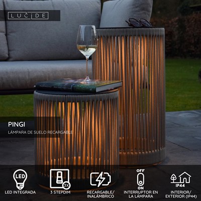 Lucide PINGI - Lámpara de suelo Recargable Dentro/Fuera - Batería/acumulador - Ø 33,5 cm - LED 3 StepDim - 1x3W 3000K - IP44 - Taupe